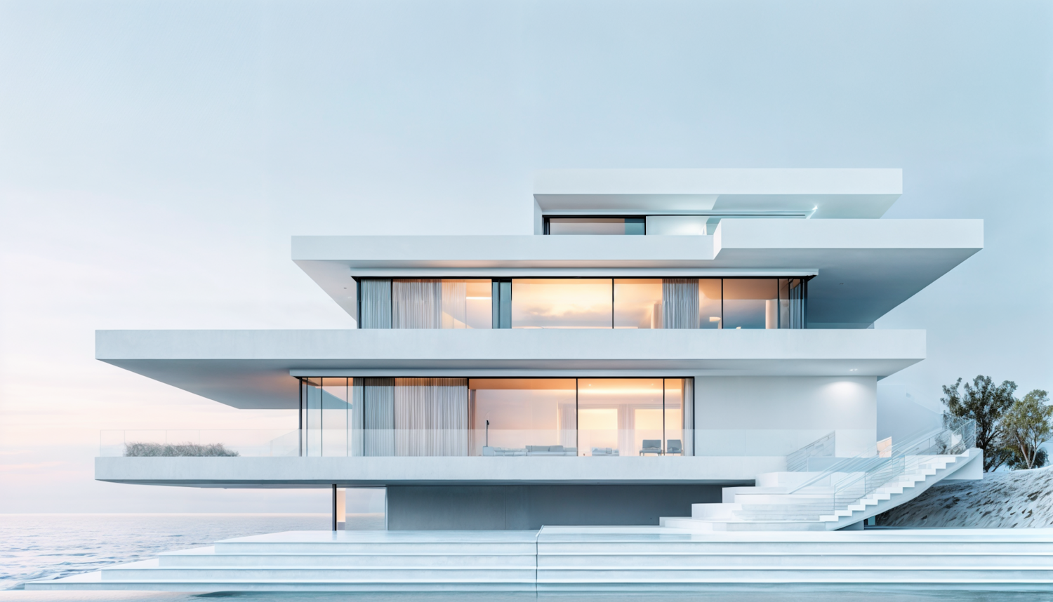 Render of a terraced white coastal house at dawn, with warm light glowing through its glass facades